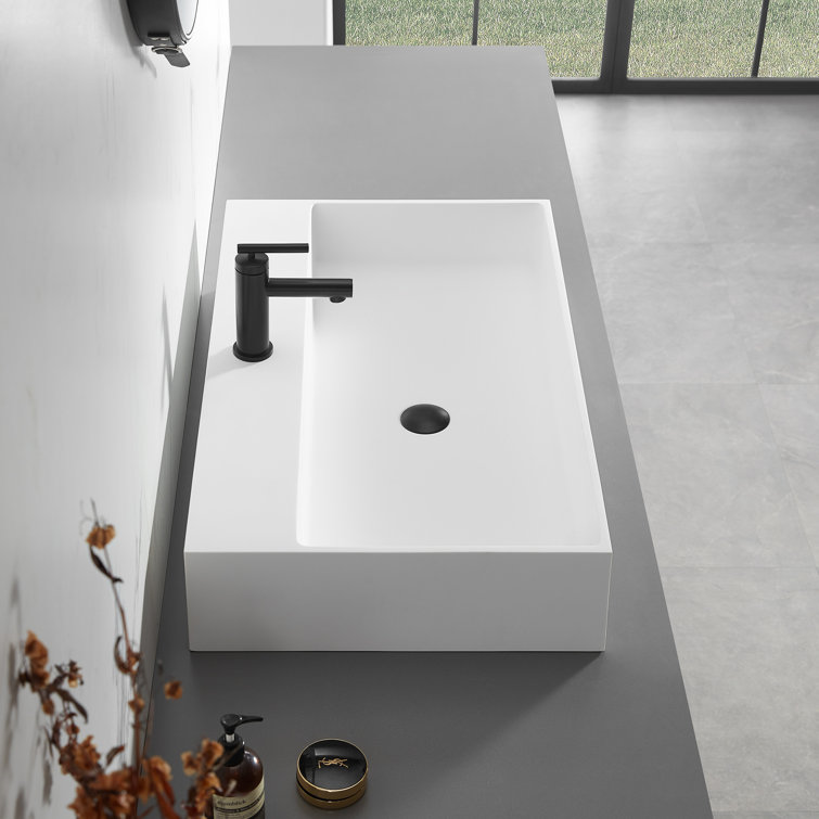 Matte White Solid Surface Rectangular Wall-Mount Bathroom Sink