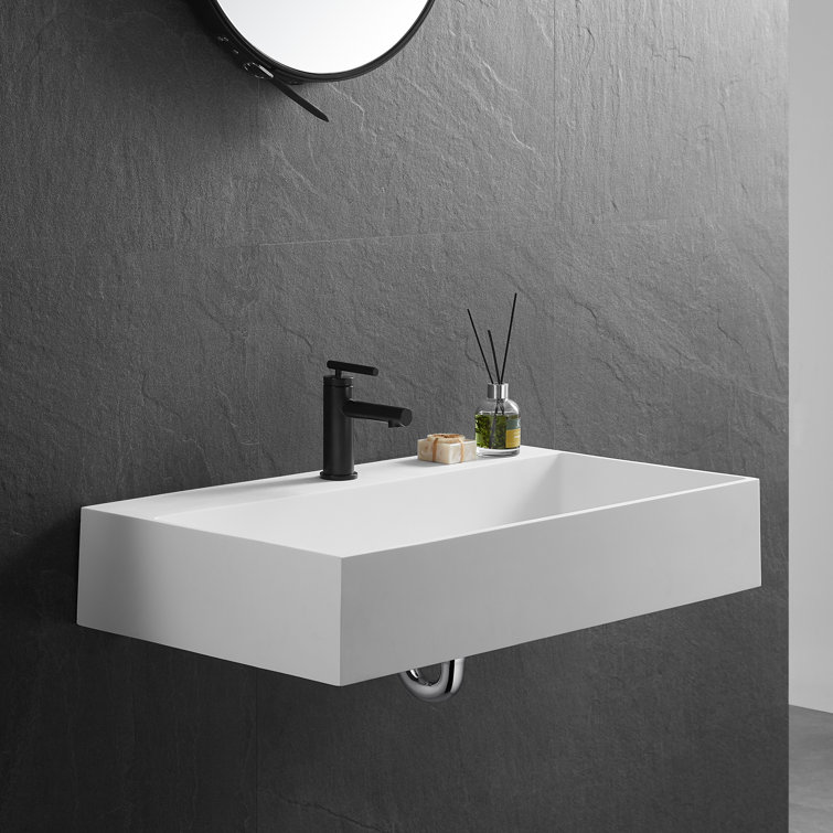 Matte White Solid Surface Rectangular Wall-Mount Bathroom Sink