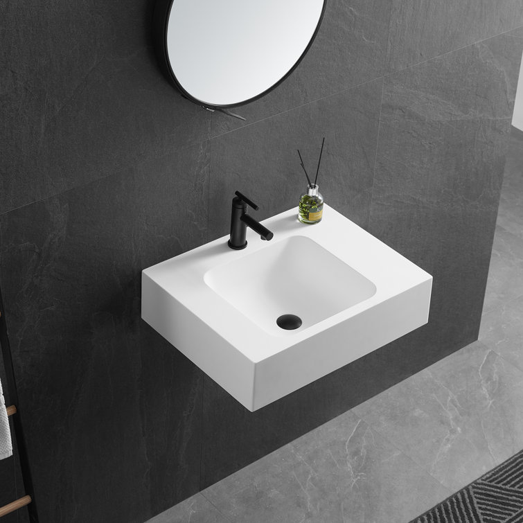 Matte White Solid Surface Square Wall-Mount Bathroom Sink