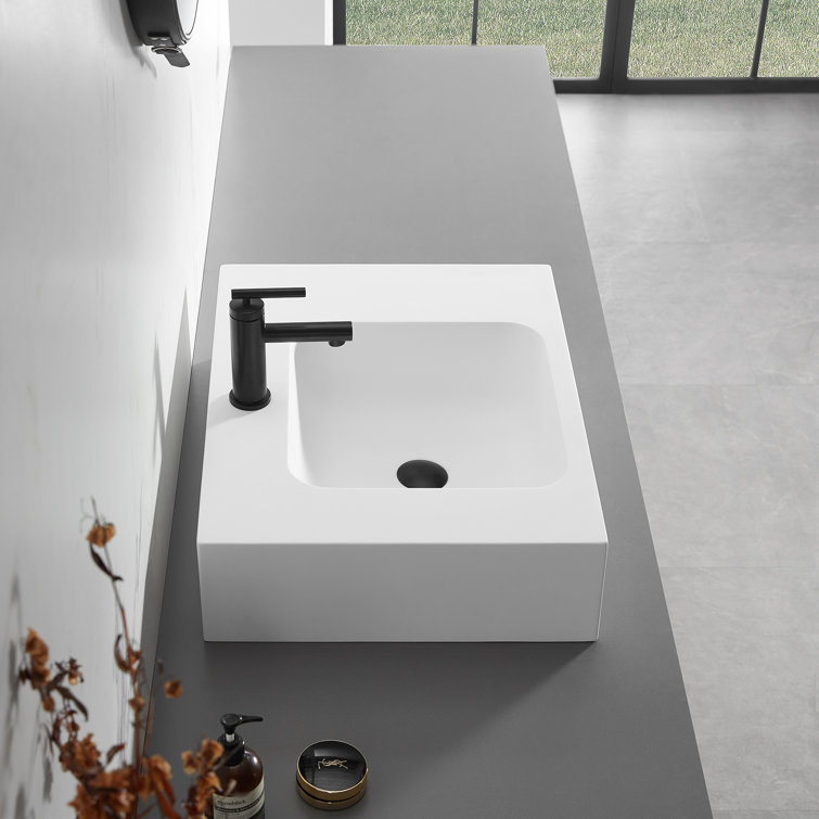 Matte White Solid Surface Square Wall-Mount Bathroom Sink