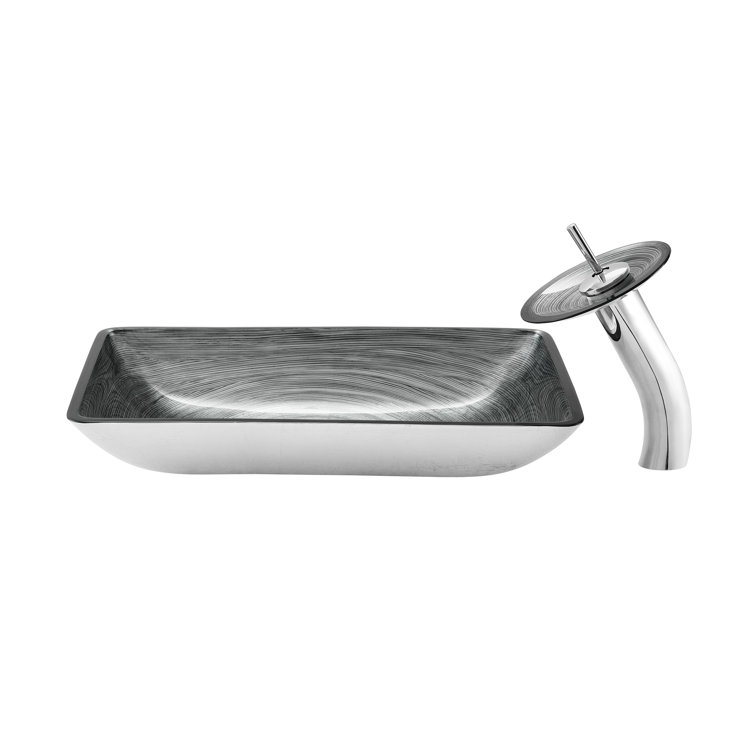 Smoky Gray Rectangular Glass Vessel Sink with Waterfall Faucet
