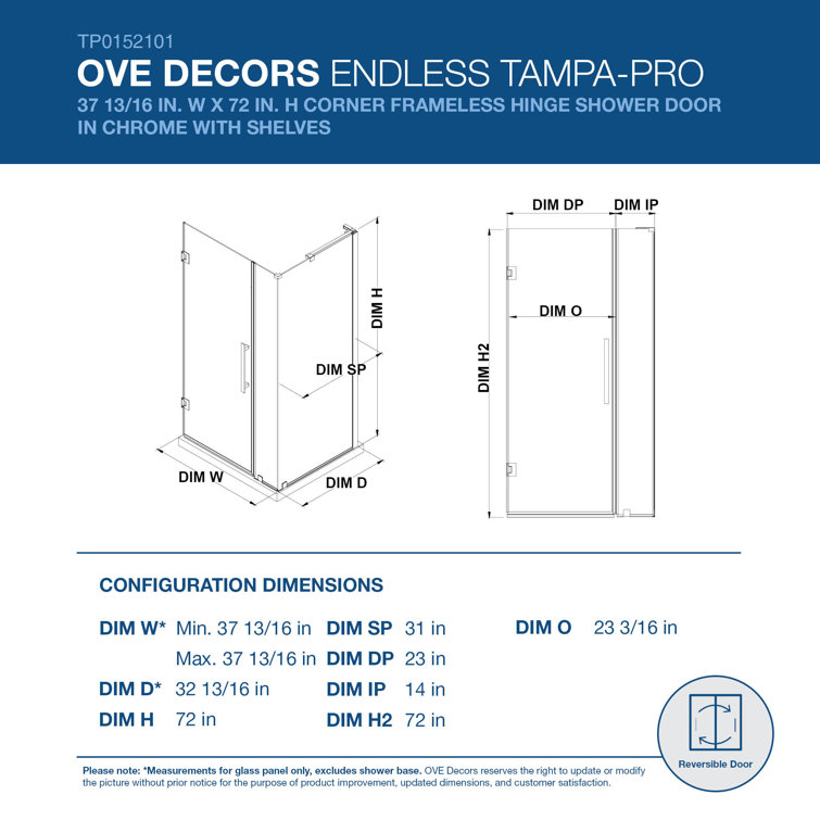 Tampa-Pro 37" Frameless Chrome Corner Shower Kit with Glass Shelves