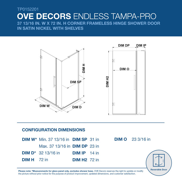 Tampa-Pro Satin Nickel Frameless Corner Shower Enclosure with Shelves