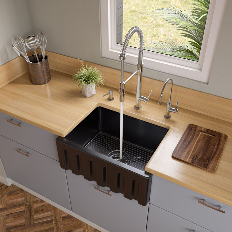 24'' Gloss Black Fireclay Farmhouse Drop-In Sink