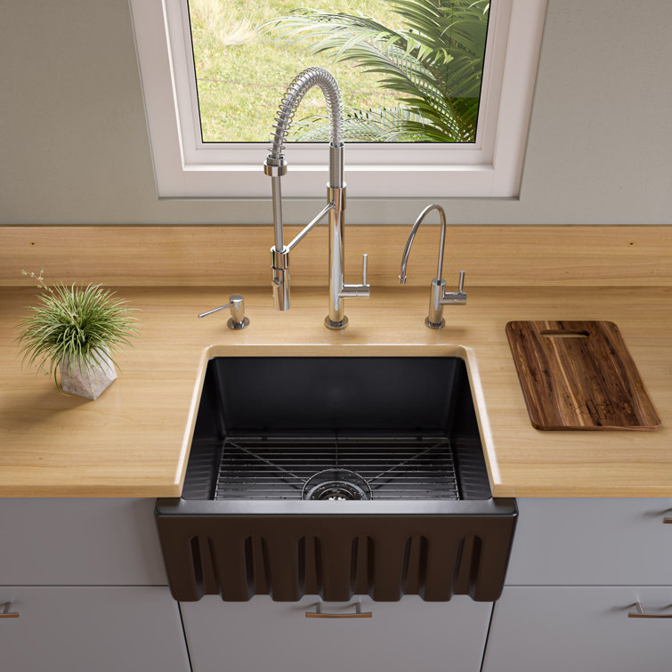 24'' Gloss Black Fireclay Farmhouse Drop-In Sink