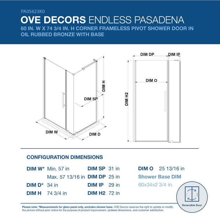 Pasadena 60" x 72" Frameless Shower Kit with Oil Rubbed Bronze Finish