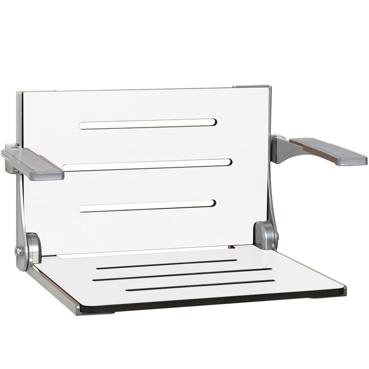 White Teak Folding Wall Mount Shower Seat with Arms