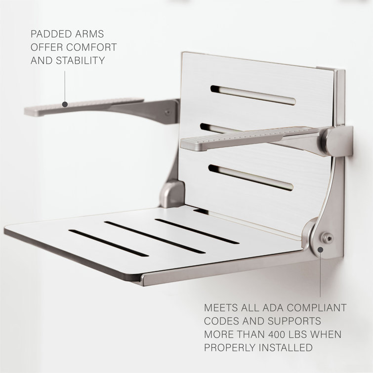 White Teak Folding Wall Mount Shower Seat with Arms