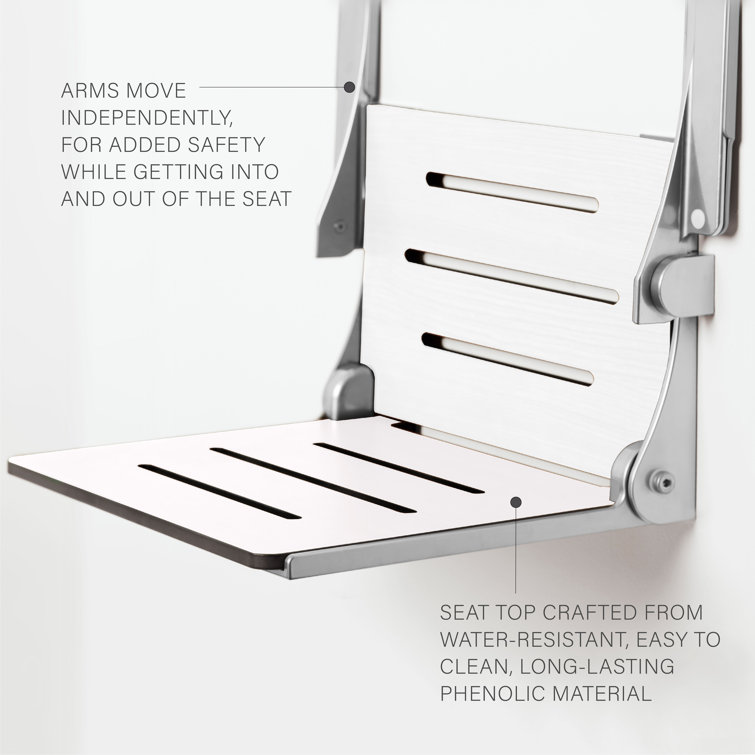 White Teak Folding Wall Mount Shower Seat with Arms