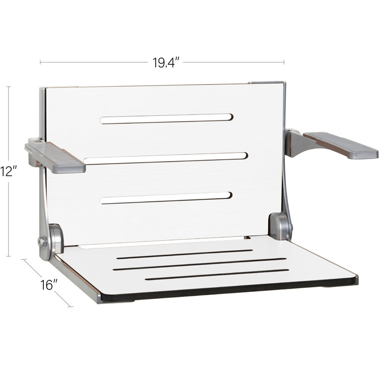 White Teak Folding Wall Mount Shower Seat with Arms