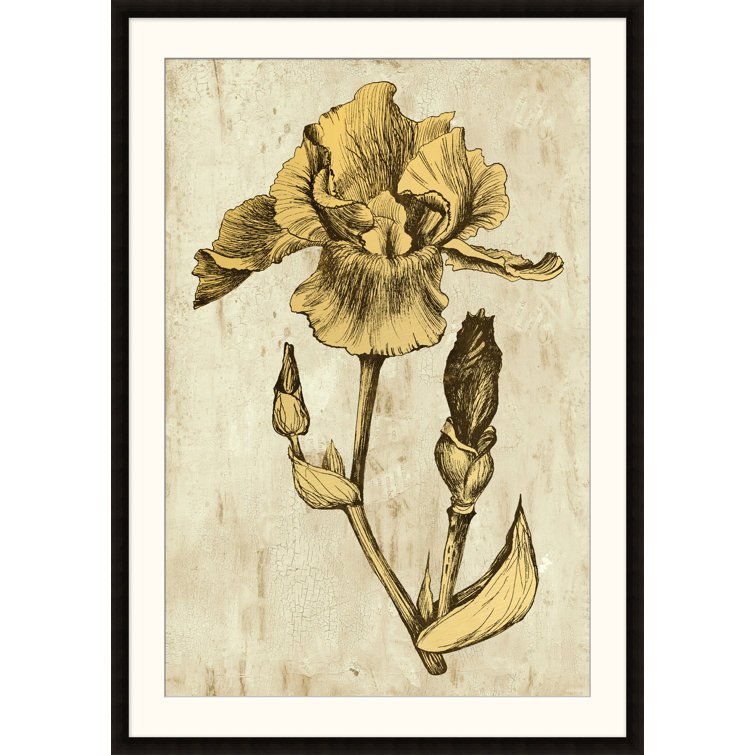Golden Floral Watercolor Painting in Gray Wood Frame