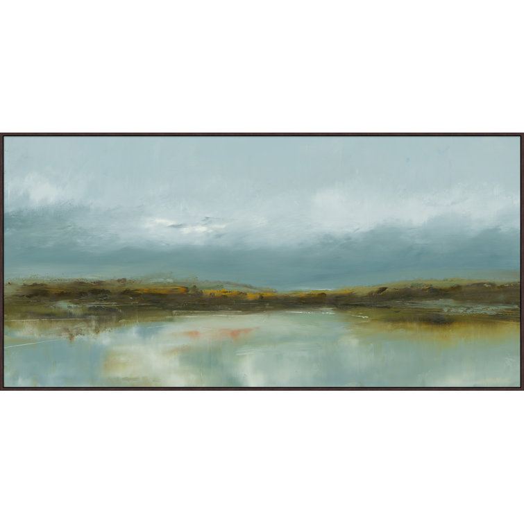 Large Blue and Brown Acrylic Landscape Canvas with Black Wood Frame