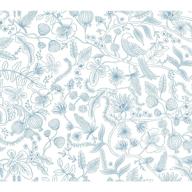 Blue and Cream Floral Botanical Peel and Stick Wallpaper Roll