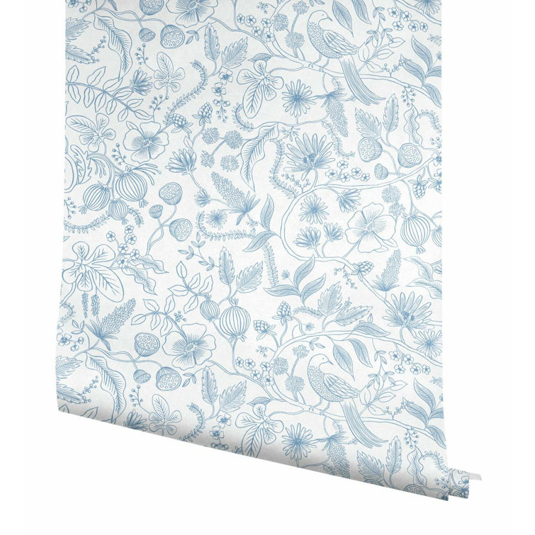 Blue and Cream Floral Botanical Peel and Stick Wallpaper Roll
