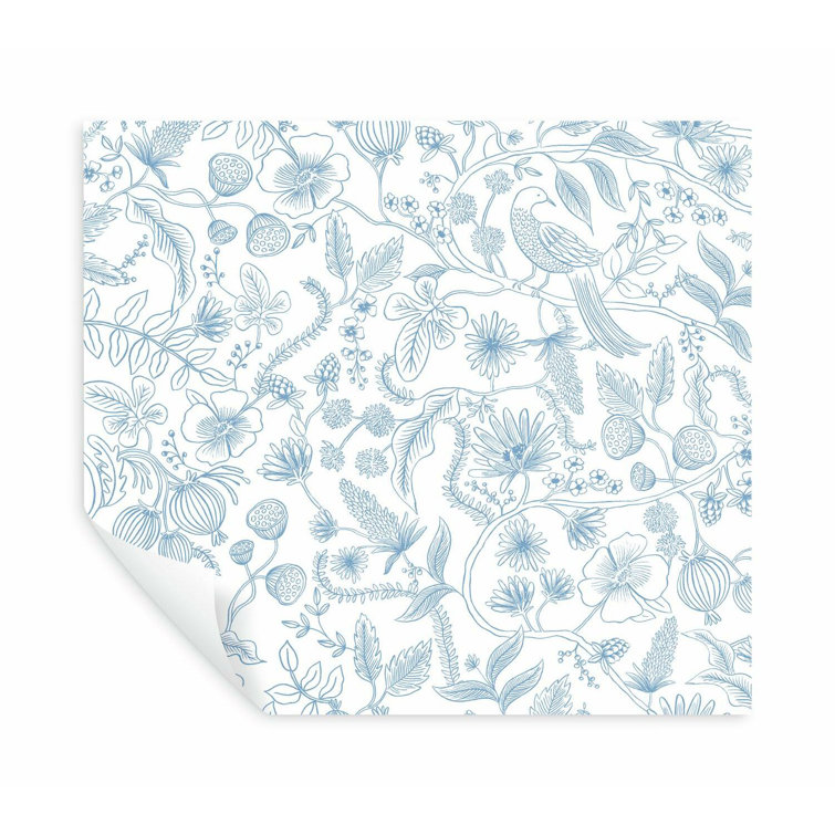 Blue and Cream Floral Botanical Peel and Stick Wallpaper Roll