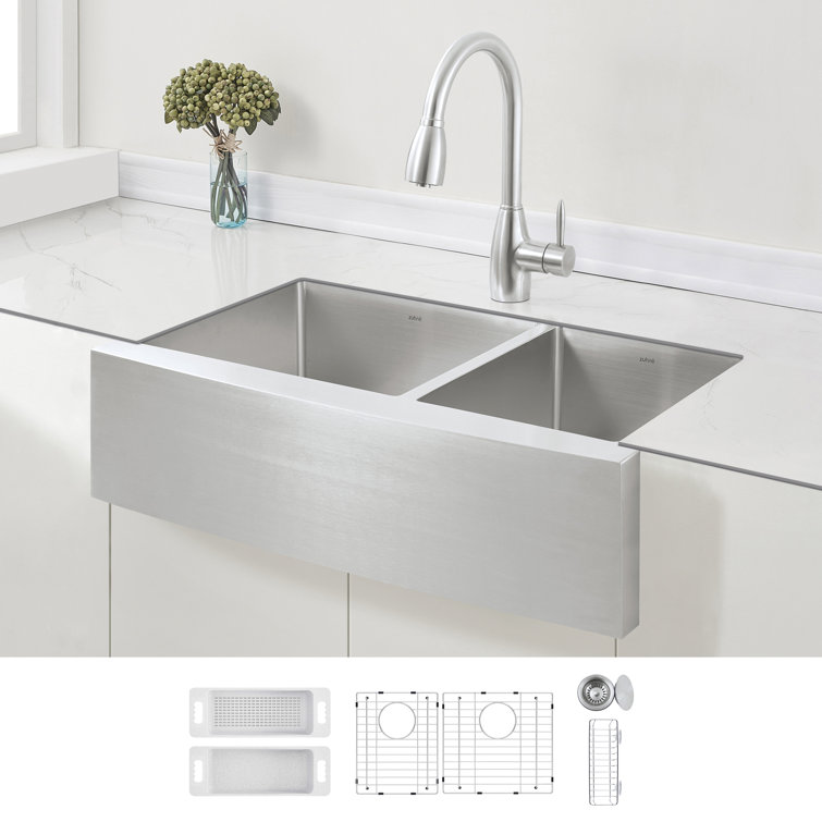 33'' Brushed Stainless Steel Double Bowl Farmhouse Sink