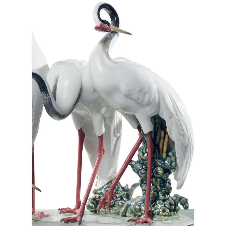 Elegant White and Green Crystal Crane Figurine Set