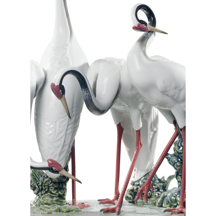 Elegant White and Green Crystal Crane Figurine Set