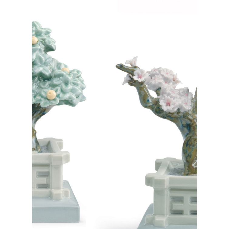 Elegant Japanese Tree Porcelain Sculpture Duo