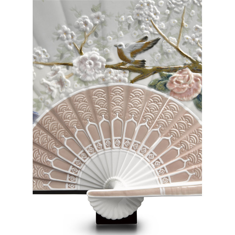 Spring Blossom Porcelain Fan with Iris and Cherry Flowers