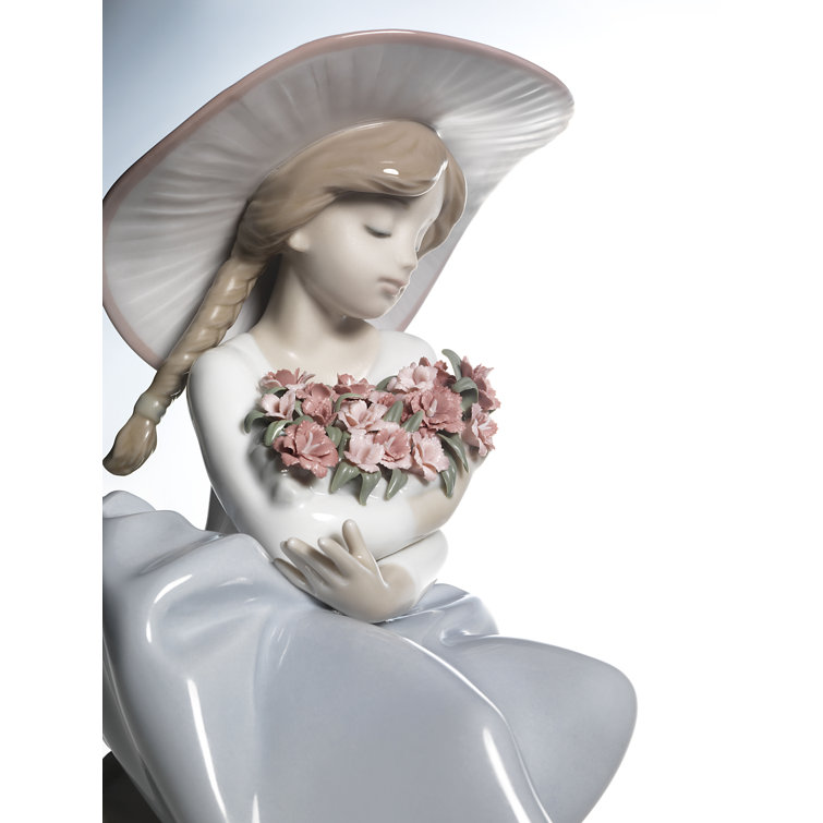 Glossy Porcelain Girl Figurine with Spring Bouquet