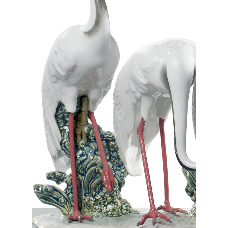 Elegant White and Green Crystal Crane Figurine Set