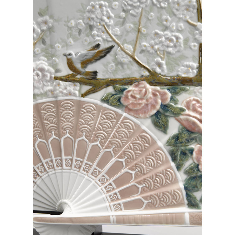 Spring Blossom Porcelain Fan with Iris and Cherry Flowers