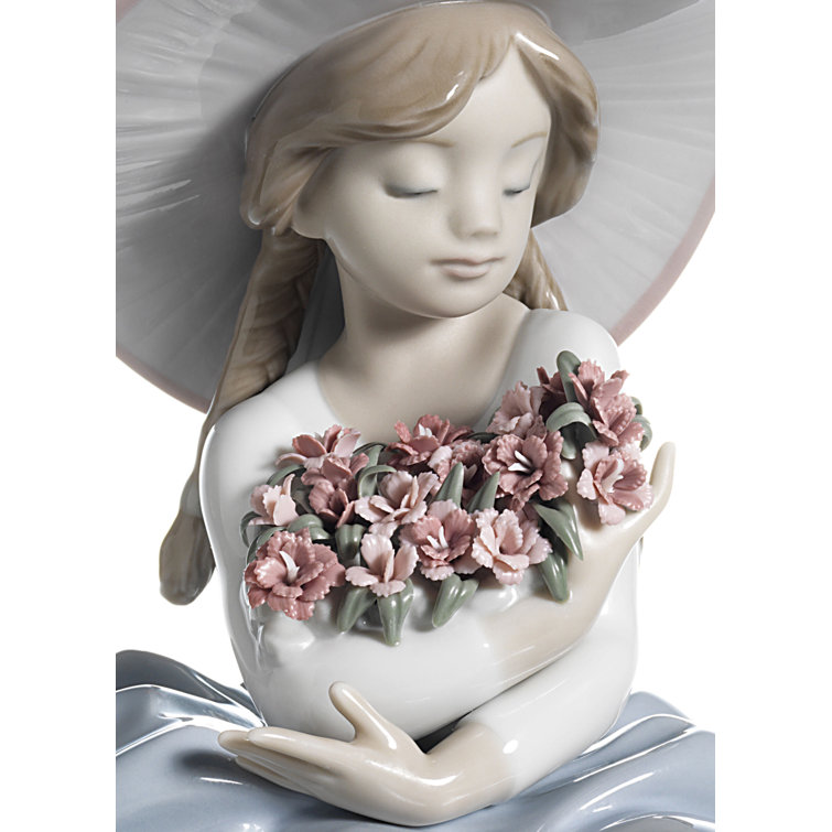 Glossy Porcelain Girl Figurine with Spring Bouquet