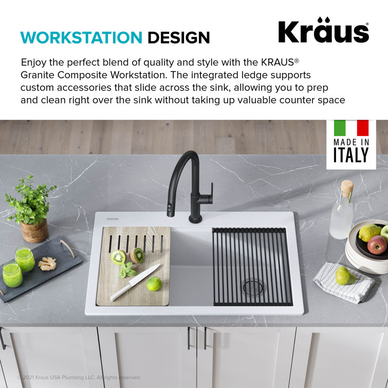 33 in. White Granite Composite Single Bowl Workstation Kitchen Sink with Accessories