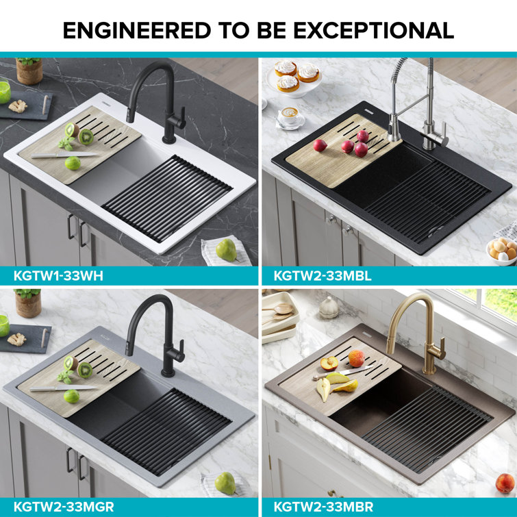 33 in. Metallic Black Granite Composite Single Bowl Kitchen Sink with Accessories