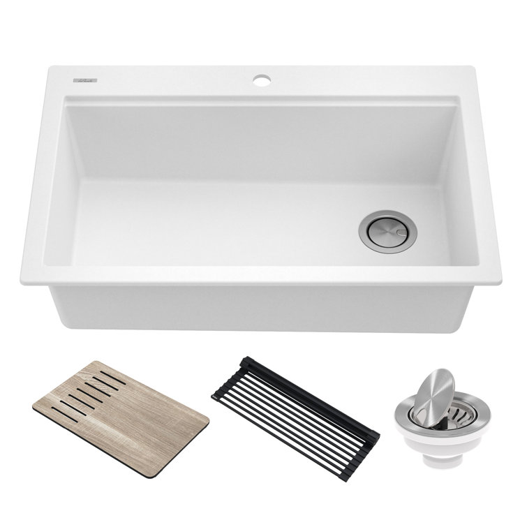 33 in. White Granite Composite Single Bowl Workstation Kitchen Sink with Accessories