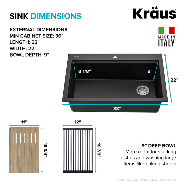 33 in. Metallic Black Granite Composite Single Bowl Kitchen Sink with Accessories