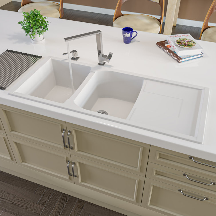 White 46'' Double Bowl Granite Drop-In Kitchen Sink with Drainboard