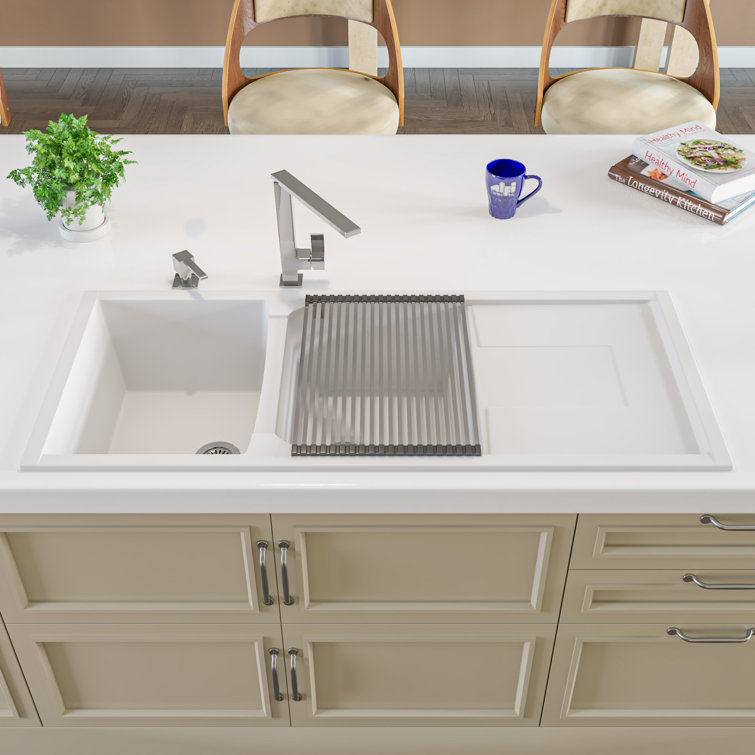 White 46'' Double Bowl Granite Drop-In Kitchen Sink with Drainboard