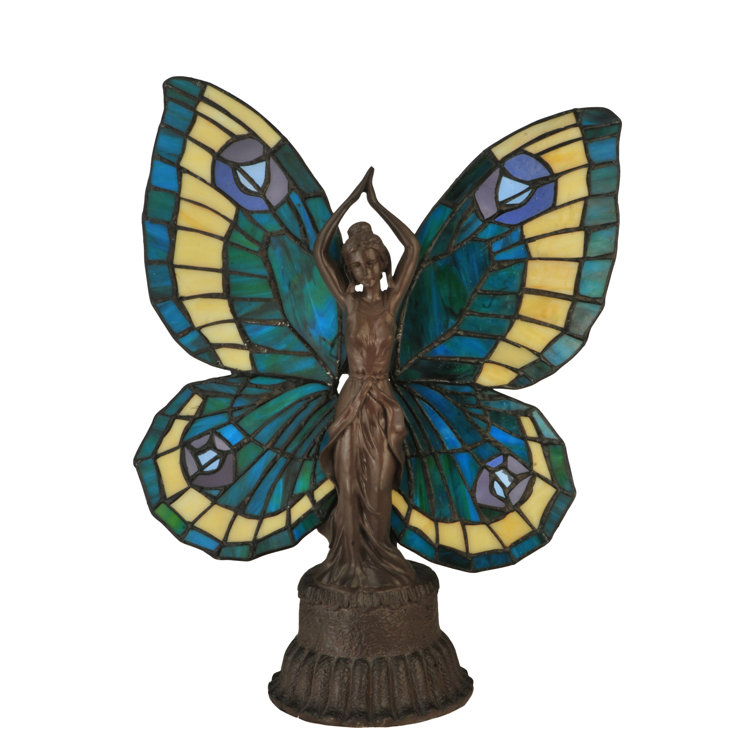 Enchanted Bronze Butterfly Lady Stained Glass Accent Lamp