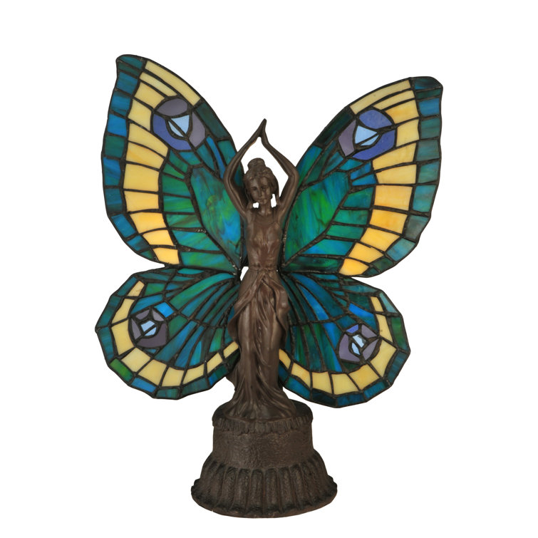 Enchanted Bronze Butterfly Lady Stained Glass Accent Lamp