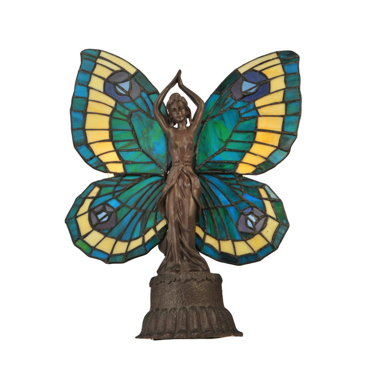 Enchanted Bronze Butterfly Lady Stained Glass Accent Lamp