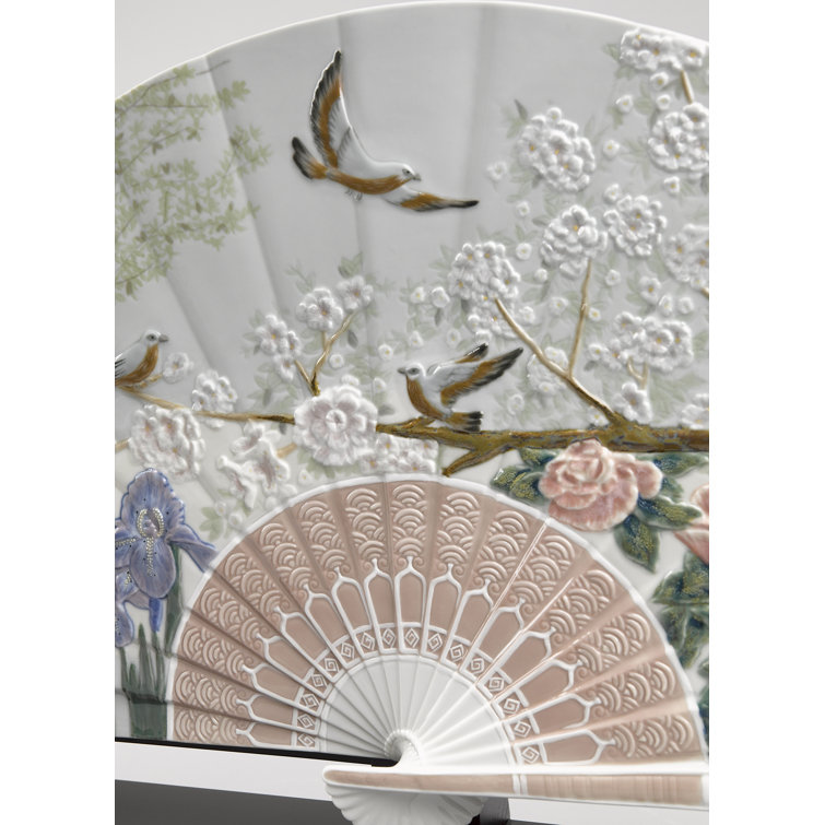 Spring Blossom Porcelain Fan with Iris and Cherry Flowers