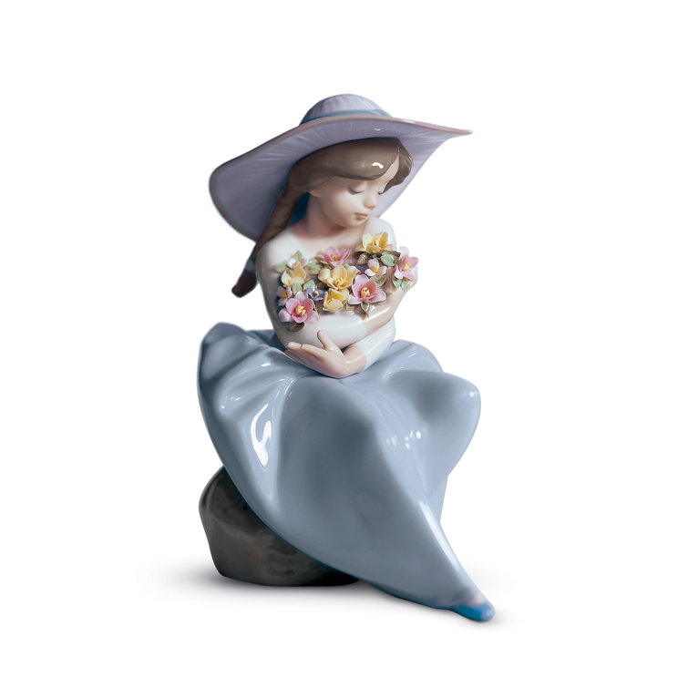 Glossy Porcelain Girl Figurine with Spring Bouquet