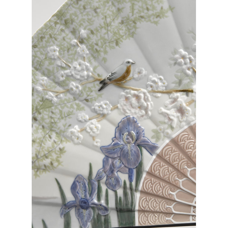 Spring Blossom Porcelain Fan with Iris and Cherry Flowers