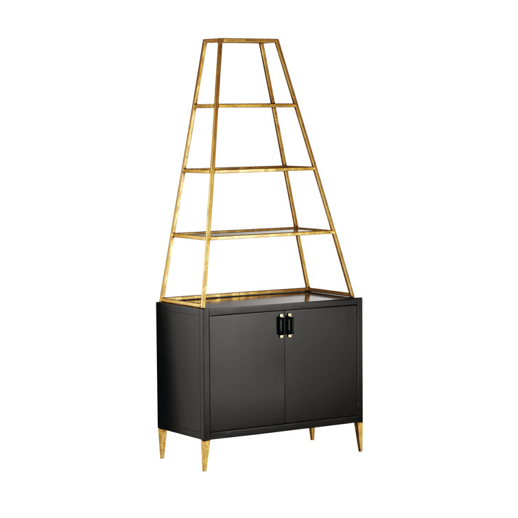 Black and Gold Mahogany Etagere Bookcase with Glass Shelves