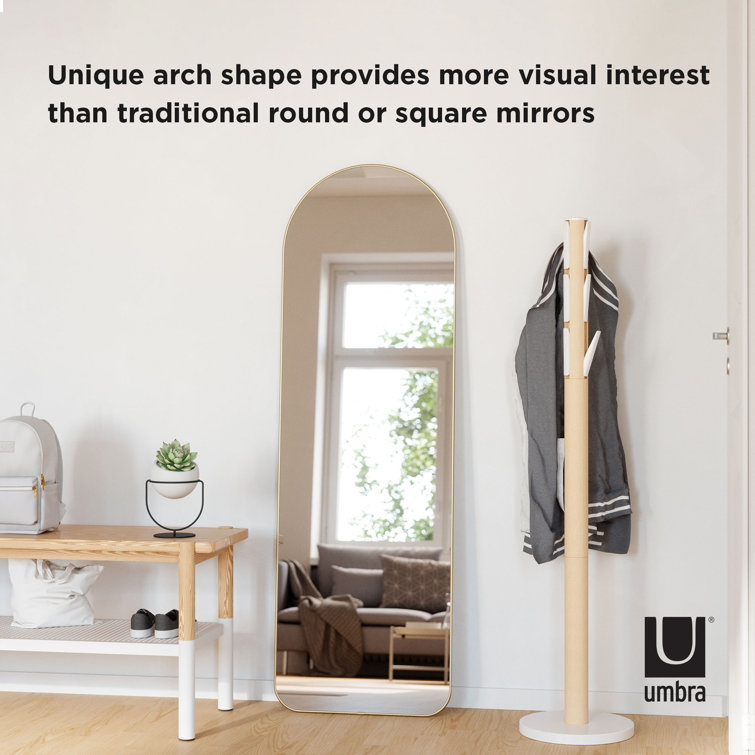 Elegant Arch Brass Leaning Floor Mirror with Sleek Metallic Rim