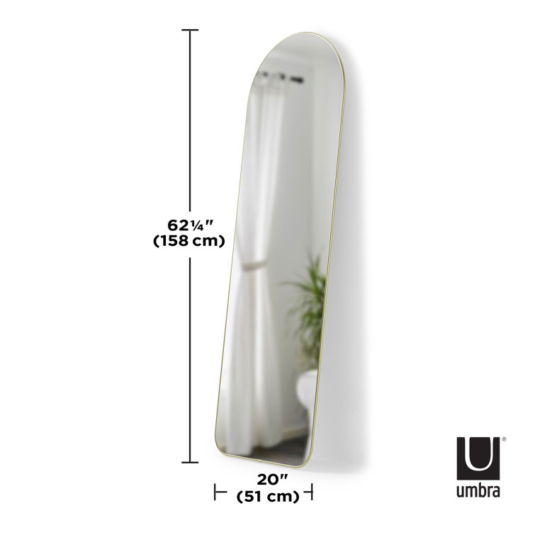 Elegant Arch Brass Leaning Floor Mirror with Sleek Metallic Rim
