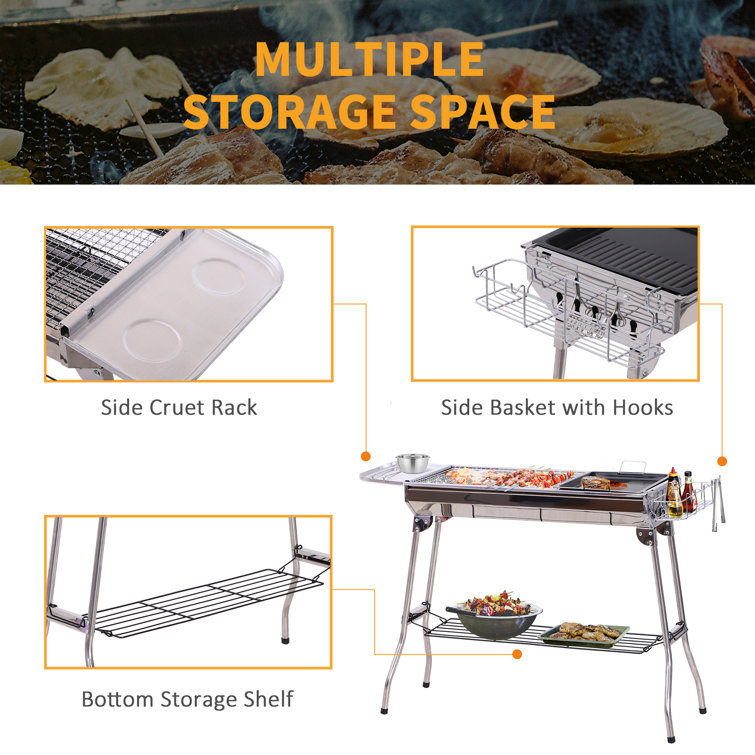 Portable Stainless Steel Charcoal Hibachi Grill with Shelves