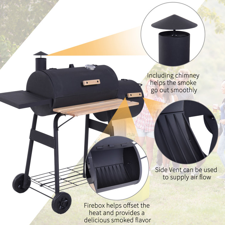 Outsunny Black Charcoal Grill with Smoker and Thermometer