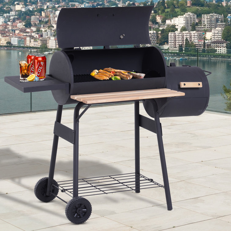 Outsunny Black Charcoal Grill with Smoker and Thermometer