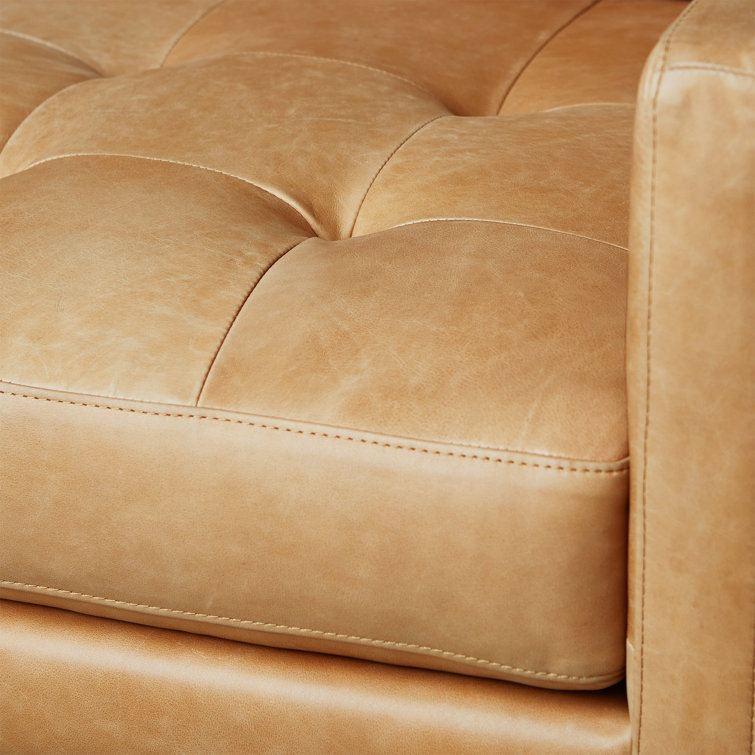 Mid-Century Tufted Canyon Whiskey Leather Sectional with Wood Accents