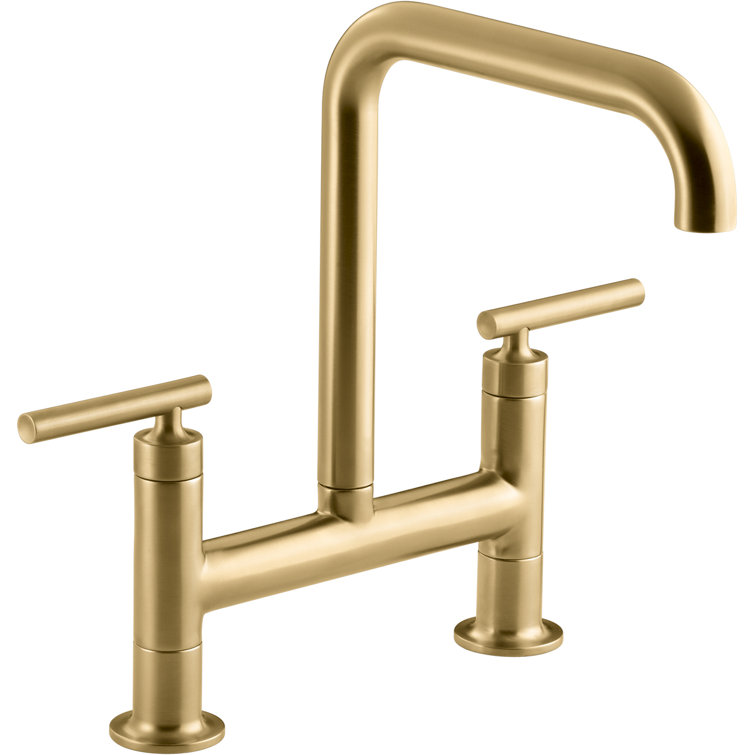 Purist 12.5'' Modern Brushed Brass 2-Handle Bridge Kitchen Faucet
