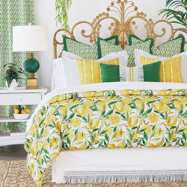 Green Linen Lumbar Pillow with White Fringe and Yellow Stripe