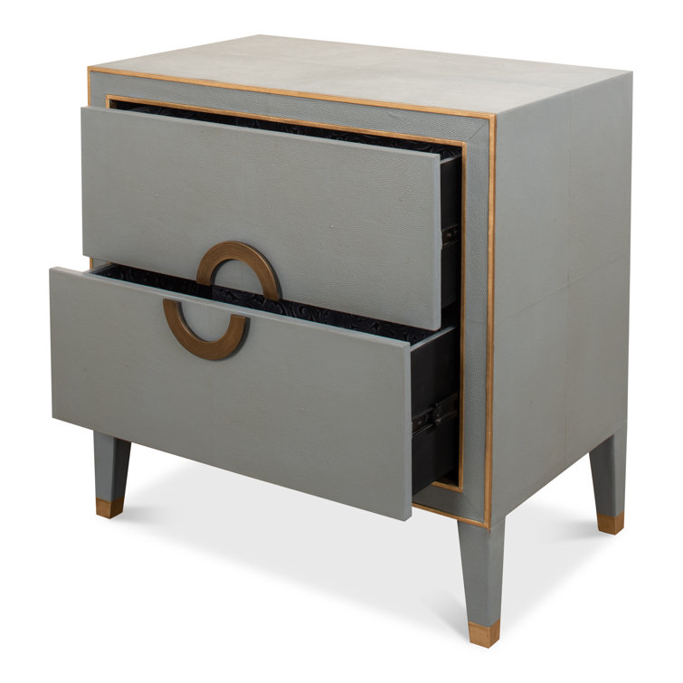 Transitional Gray Shagreen Leather Nightstand with Gold Accents